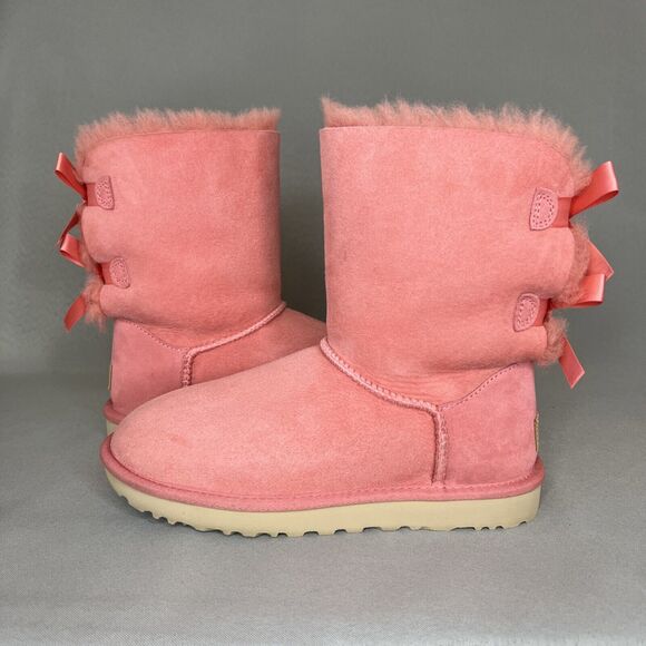 Women's Ugg Boots Size 7 Pink Bailey Bow Suede Wool Coquette Sold Out 1016225 - Picture 3 of 14